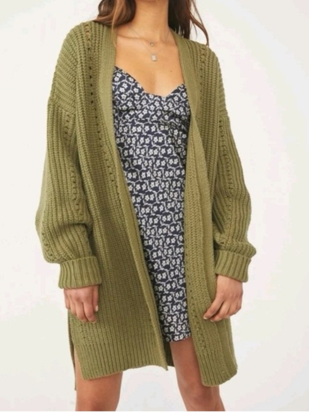 Free People Nightingale Chunky Ribbed Knit Cardigan Slouchy Oversized Green Sz S